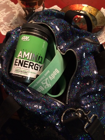 My new bag LOVE, new aminos LOVE and my resistance bands for pull ups!!!!!
