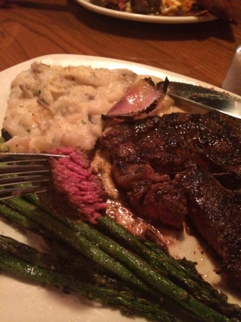10oz ribeye @outback. SOOOOOOOOO good. you have the option for grilled or pan with seasoned. I asked for it to be seasoned but grilled and it could not have been better. Funny story or not story but fact, this but his steak and an appetizer cost the same as when we go to Buffalo Wild Wings. Isnt that nuts?!